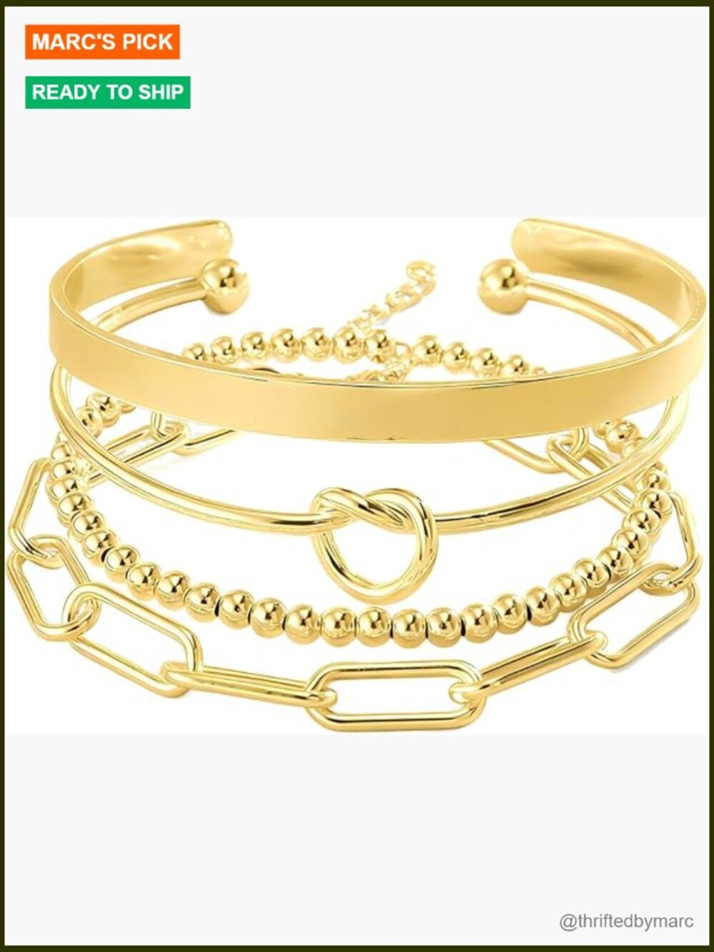 Gold Plated Bangle & Cuff Bracelet Stack Set 4pc